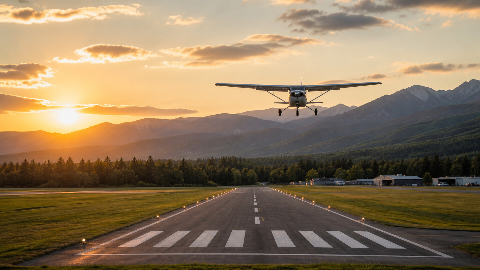 Small aircraft landing on a runway with scenic terrain