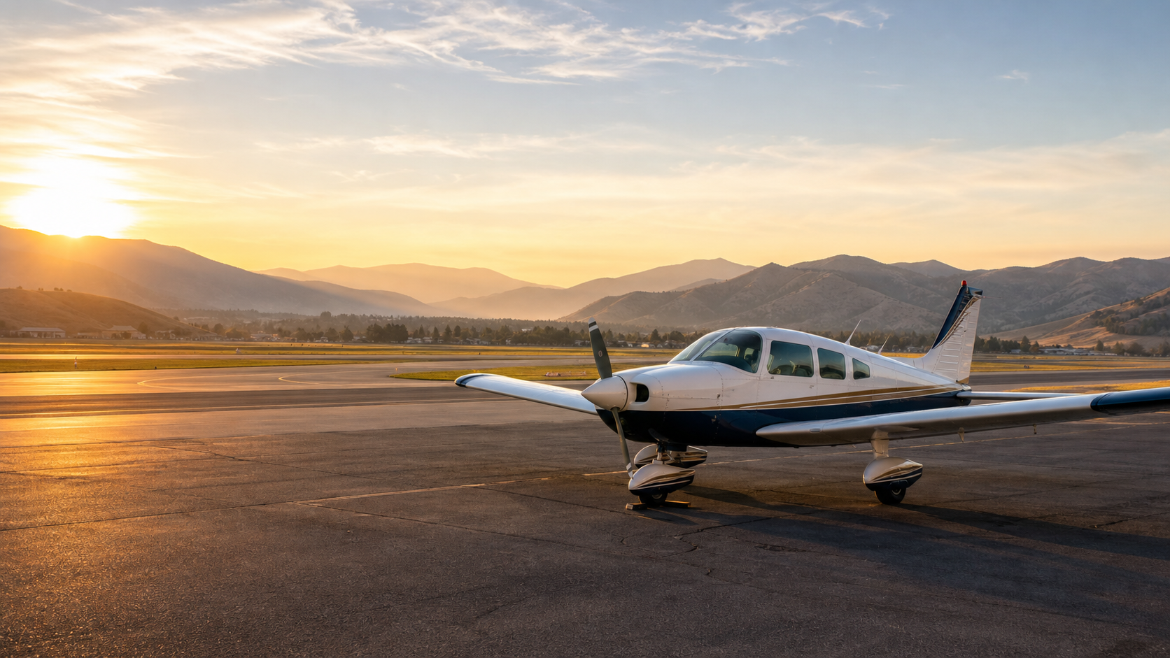 Small aircraft parked at a scenic airport ramp near terrain