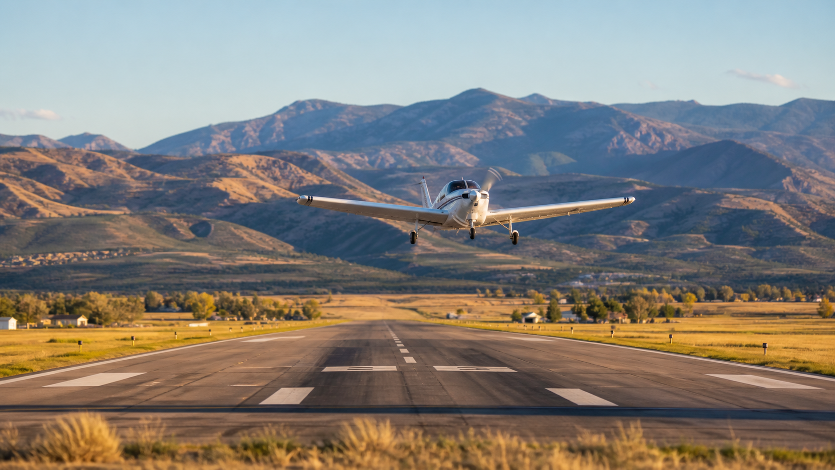 Small aircraft taking off from a runway with distant terrain